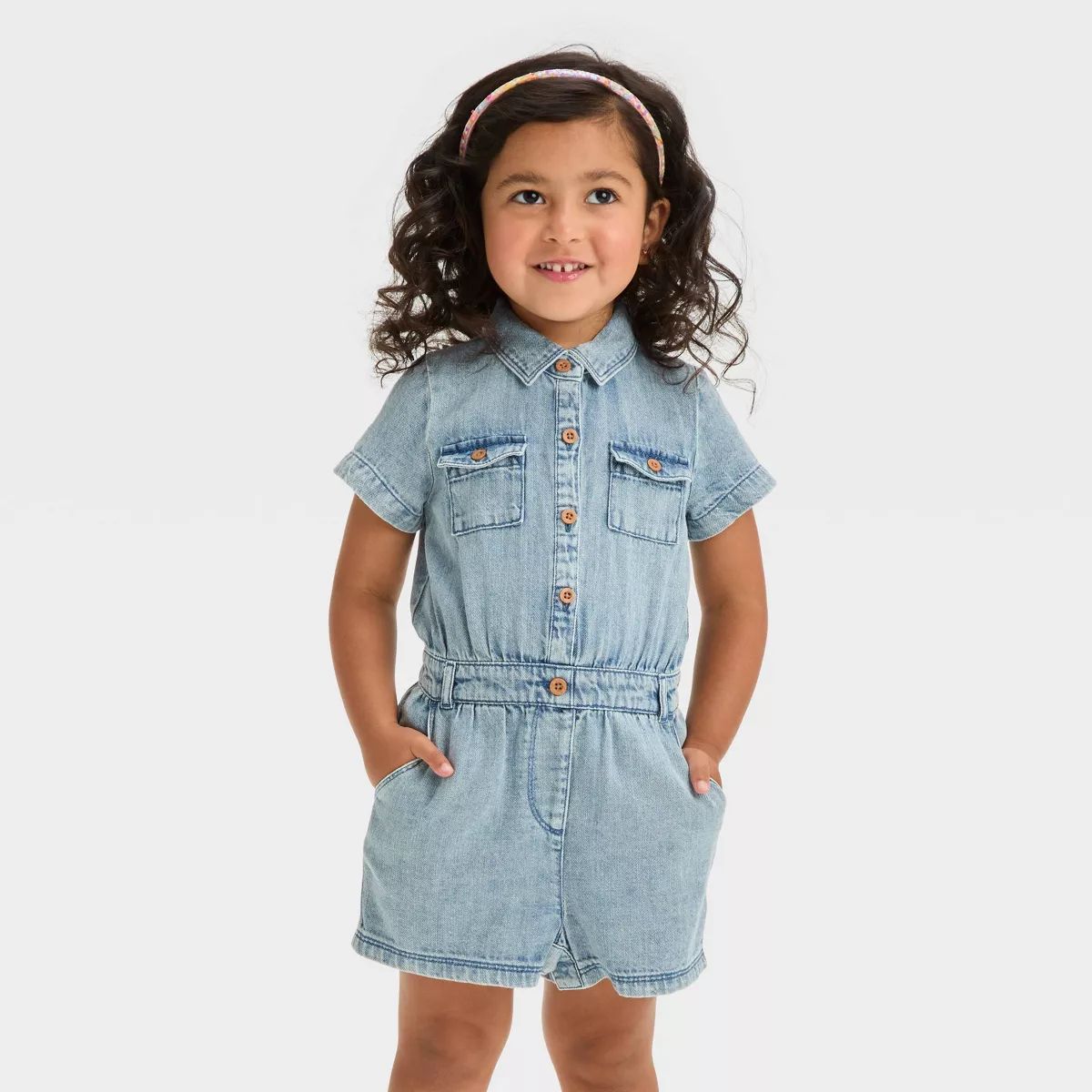 Toddler Girls' Solid Romper - Cat & Jack™ Light Blue Denim 4T | Target