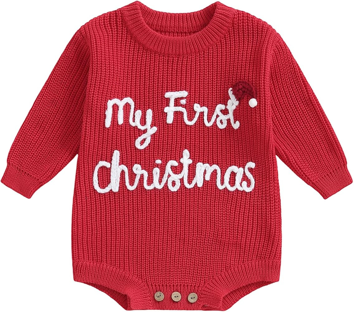 My First Christmas Baby Girl Boy Outfit Newborn Christmas Sweater Bubble Romper Embroidery Fall W... | Amazon (US)