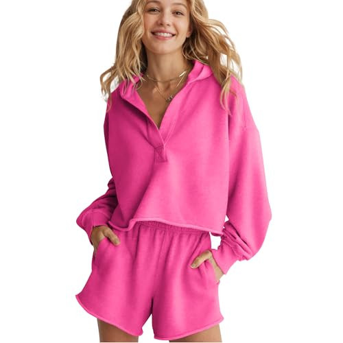 SeeLuNa Women 2 Piece Outfits Long Sleeve Hooded Pullover Sweatshirt Elastic Waist Shorts Lounge Tracksuit Workout Sets(Rose-Red,XL) | Amazon (US)