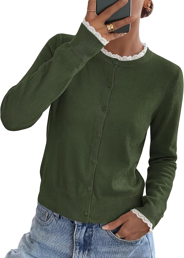 KIRUNDO Fall Cardigan Sweaters for Women Casual Button Down Lace Trim Tops | Amazon (US)