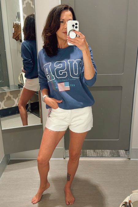 USA sweatshirt. White denim shorts. Memorial Day outfit. 4th of July outfit. Casual outfit. Sneakers. Target. 

#LTKSaleAlert #LTKShoeCrush #LTKFindsUnder50