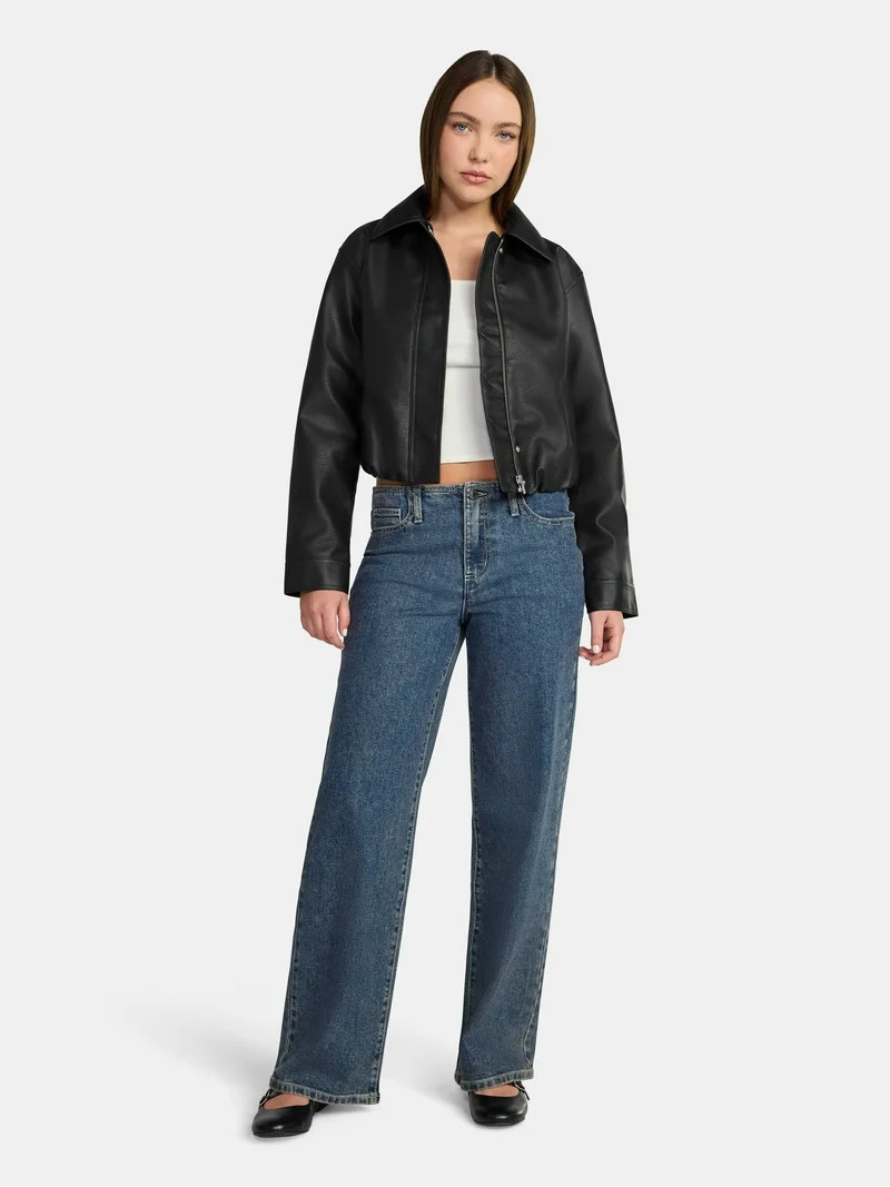 No Boundaries Bubble Hem Faux Leather Bomber Jacket, Women's | Walmart (US)