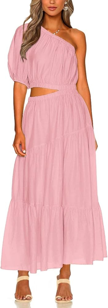 BTFBM Women Boho One Shoulder Maxi Dress Short Sleeve Cutout Elastic Waist Long Flowy Cocktail Pa... | Amazon (US)