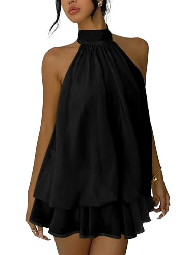 NWFZCCP High Neck Mini Dress for Women Premium Feel Sexy Sleeveless Backless Chiffon Cocktail Party Black Medium | Amazon (US)