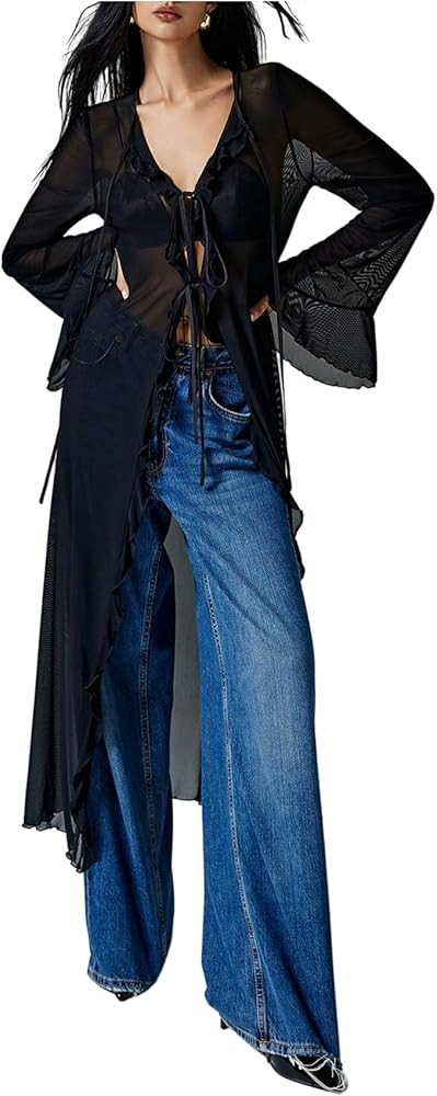 Verdusa Women's Goth Tops Y2K Mesh Tie Front Tops Bell Sleeve Tops Long Shirt 2000s Clothing | Amazon (US)