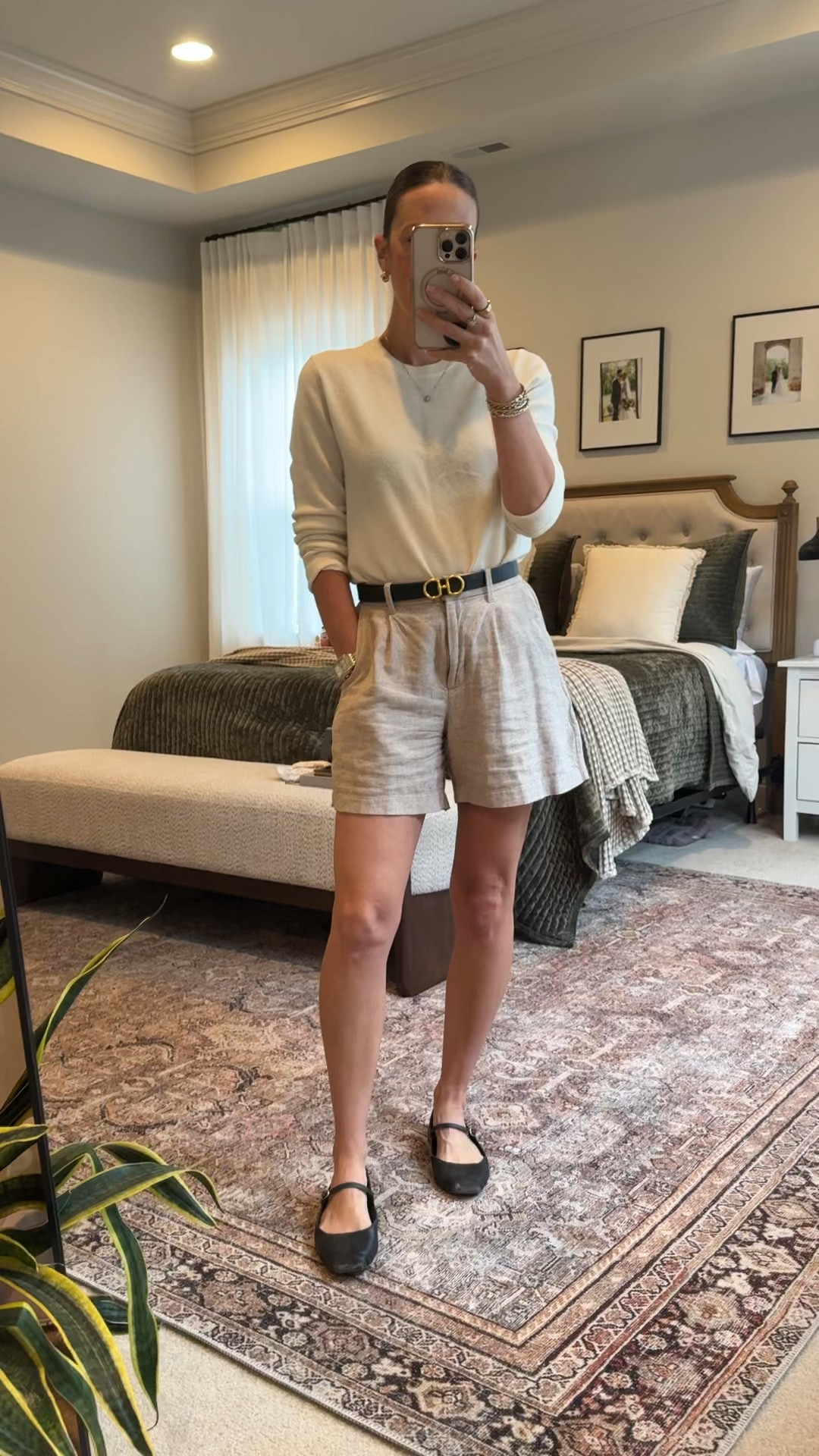 Easy summer workwear outfit with a polished but comfortable feel: Quince lightweight cashmere sweater paired with linen-like trouser shorts, a black belt, and black Mary Janes. A simple capsule wardrobe outfit for casual office days, church, brunch, or summer errands when you want something classic but still breathable.

Use my Quince code: INFG-26LINENANDLIGHTCO10

#LTKootd #LTKSeasonal #LTKWorkwear
