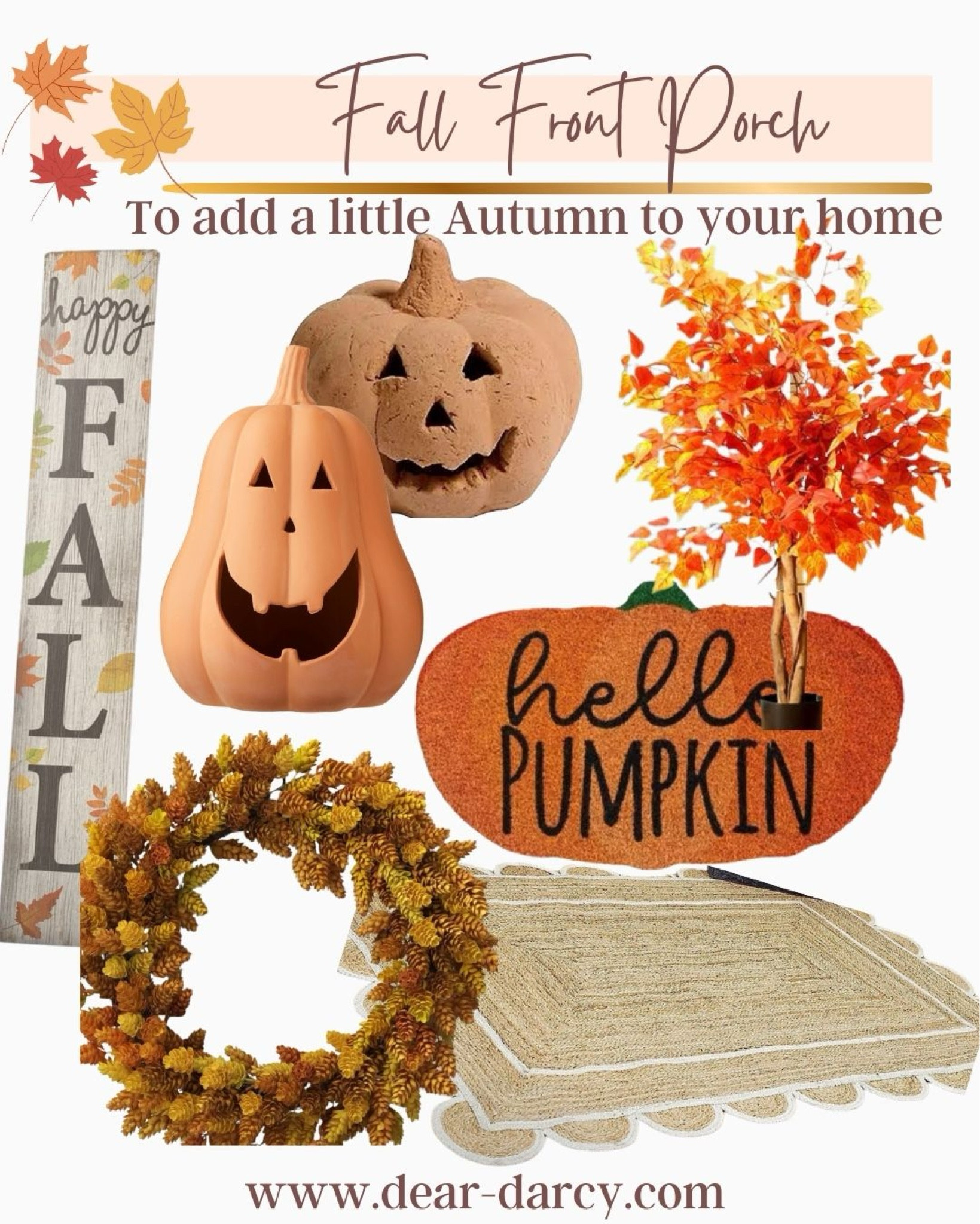 Front porch fall decor 

Some great key pieces to add a little fall to your front porch

Fall porch sign

Ceramic pumpkins 

Fall leave trees light up
Fall wreath
Pumpkin mat

Large scallop rug 

#LTKStyleTip #LTKFindsUnder100 #LTKHome