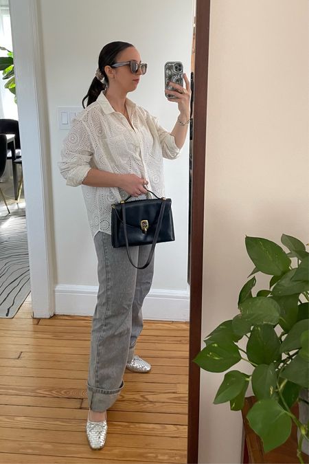 Wearing a size 6 in the top and jeans, size 7 in flats

Mom spring style, what to wear this spring, eyelet button up top, Freda Salvador Jada ballet flats, silver woven ballet flats, comfortable spring style 