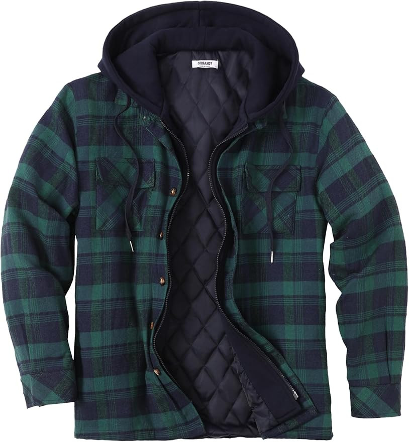 COOFANDY Men's Flannel Shirt Jacket Warm Quilted Lined Hooded Long Sleeve Plaid Shirt Jackets | Amazon (US)