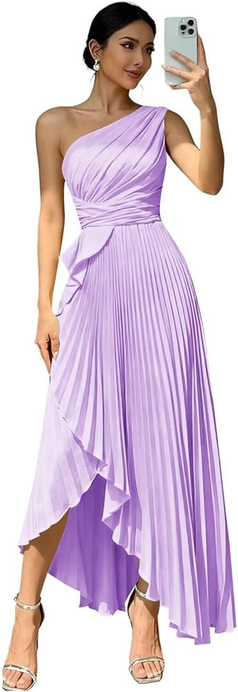 Vestidos de dama de honor de satén de un hombro para mujer, corsé, acampanado, fruncido, largo,... | Amazon (US)