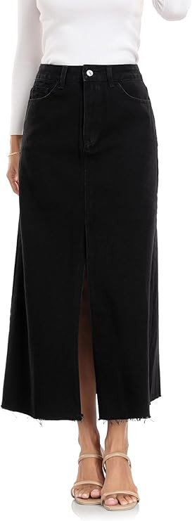 MISS MOLY Women's Maxi Long Denim Skirts High Waist Frayed Raw Hem Split A line Flare Jean Skirt ... | Amazon (US)