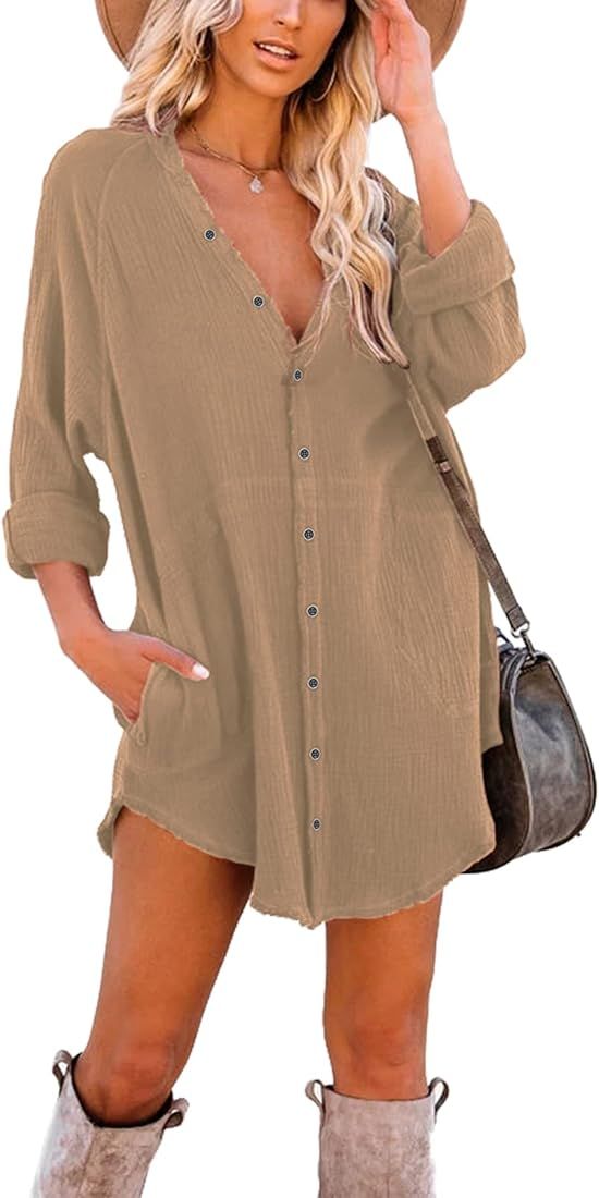 iGENJUN Women's Long Sleeve Beach Cover-ups Button Down Oversized Tunic Dress Shirt Boho Dresses wit | Amazon (US)