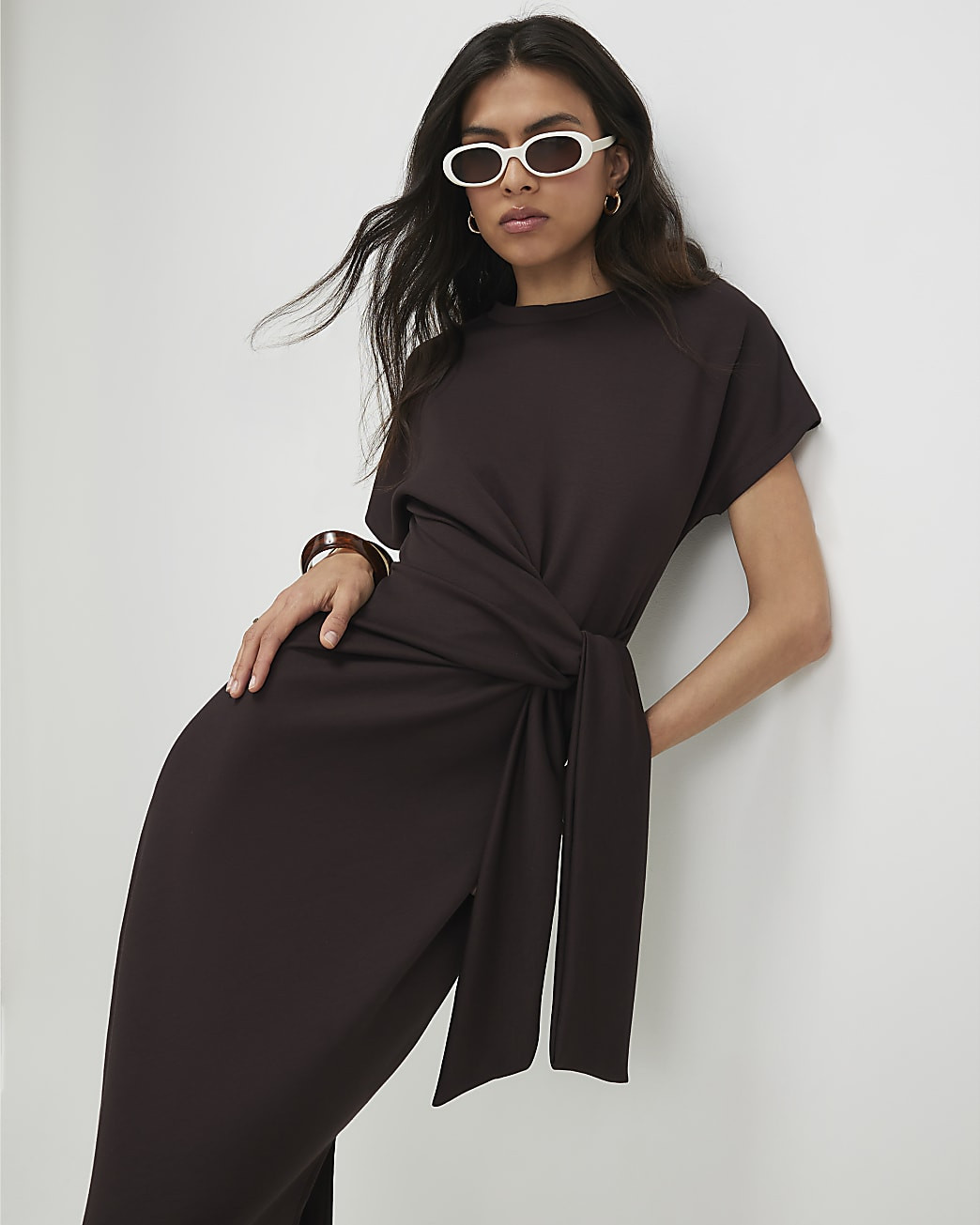 Brown Premium Tie Side Midi Dress | River Island UK & IE