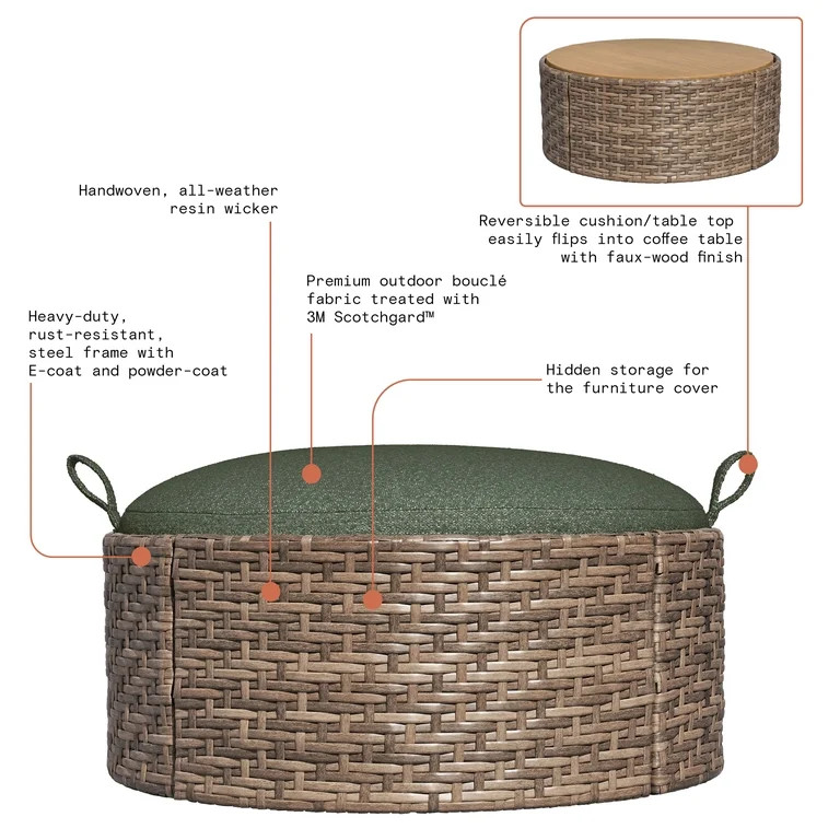Beautiful Wicker Reversible-Top Outdoor Ottoman and Coffee Table with Cover by Drew Barrymore, Br... | Walmart (US)