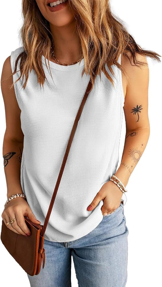 KINLONSAIR Women's Loose Fit Sleeveless Waffle Tank Tops Casual Crew Neck Knitted Tees | Amazon (US)