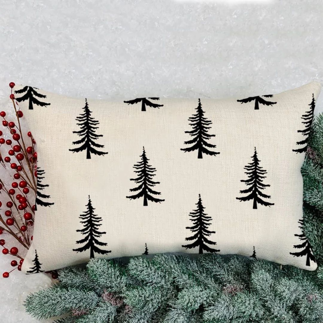 Christmas Pillow Cover 12 x 20, Pine Tree Pillow Cover, Holiday, Rustic Farmhouse Winter Decor, L... | Etsy (US)