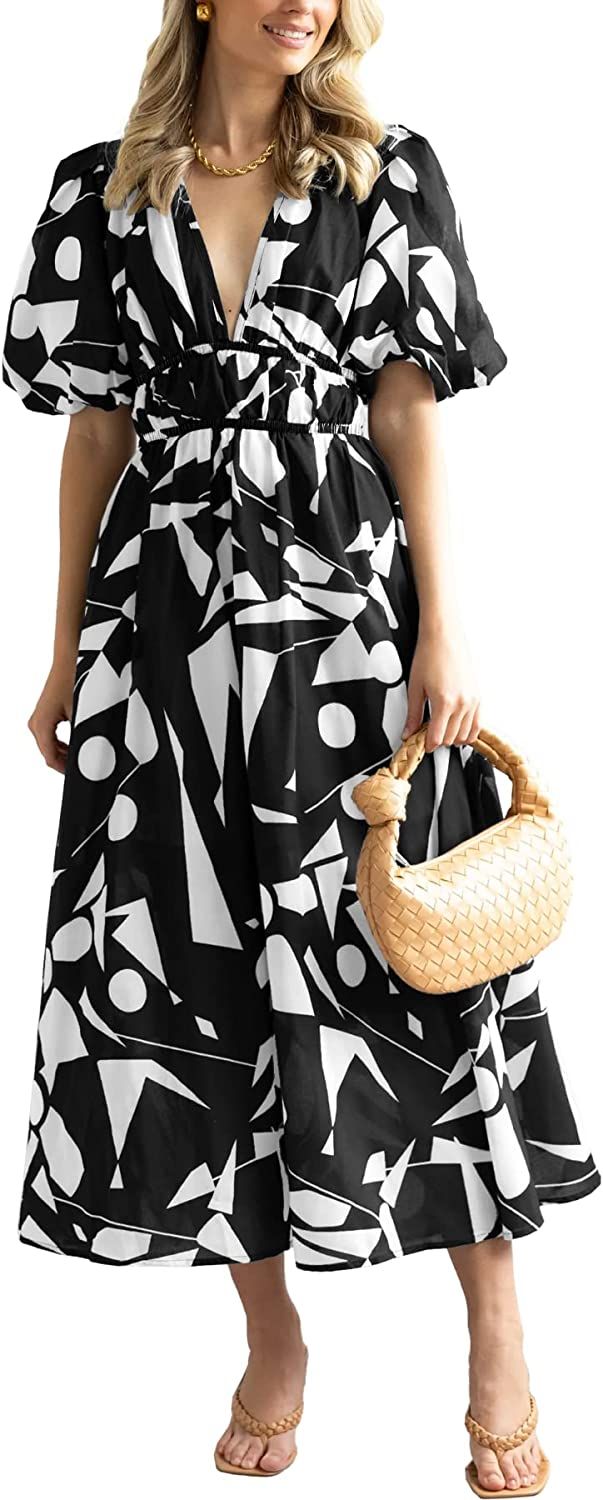 Women's Summer Floral Maxi Dress V-Neck Puff Short Sleeve Sundress Boho Beach Party Dresses | Amazon (US)