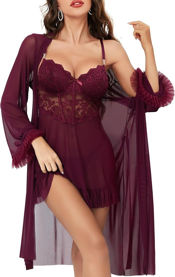 Women Sexy Lingerie Set, 3 Piece Babydoll with Mesh Kimono Robe & Lace Panty, Lace Trim Teddy Che... | Amazon (US)