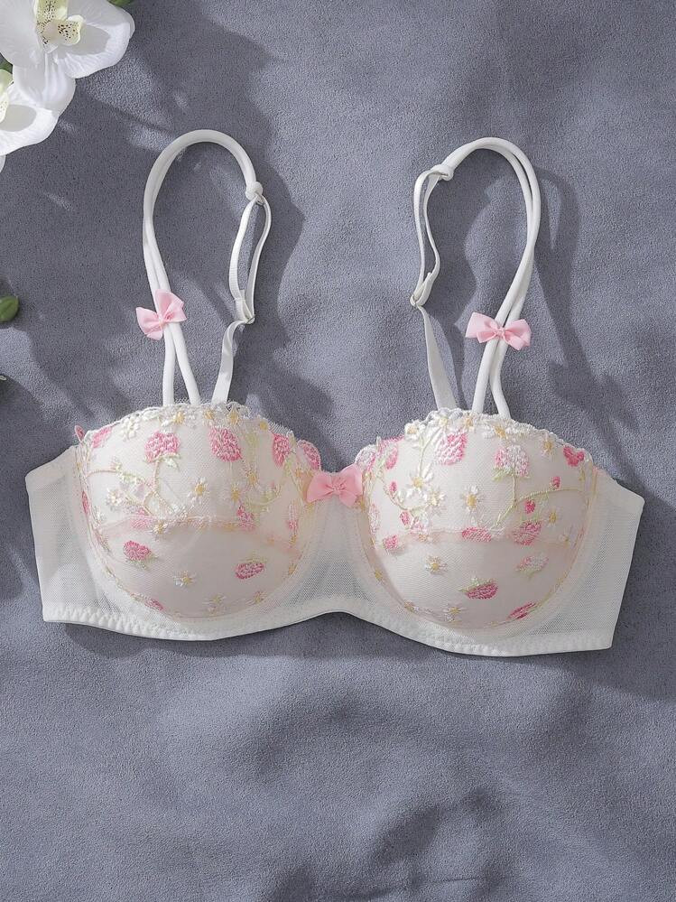 DelicateAllure Romantic, Fresh, Gentle, Sweet Floral Embroidered Balconette 1/2 Cup Underwire Lingerie Bra With Adjustable Straps And Bow Detail, For Women, Pink & White, Kawaii | SHEIN
