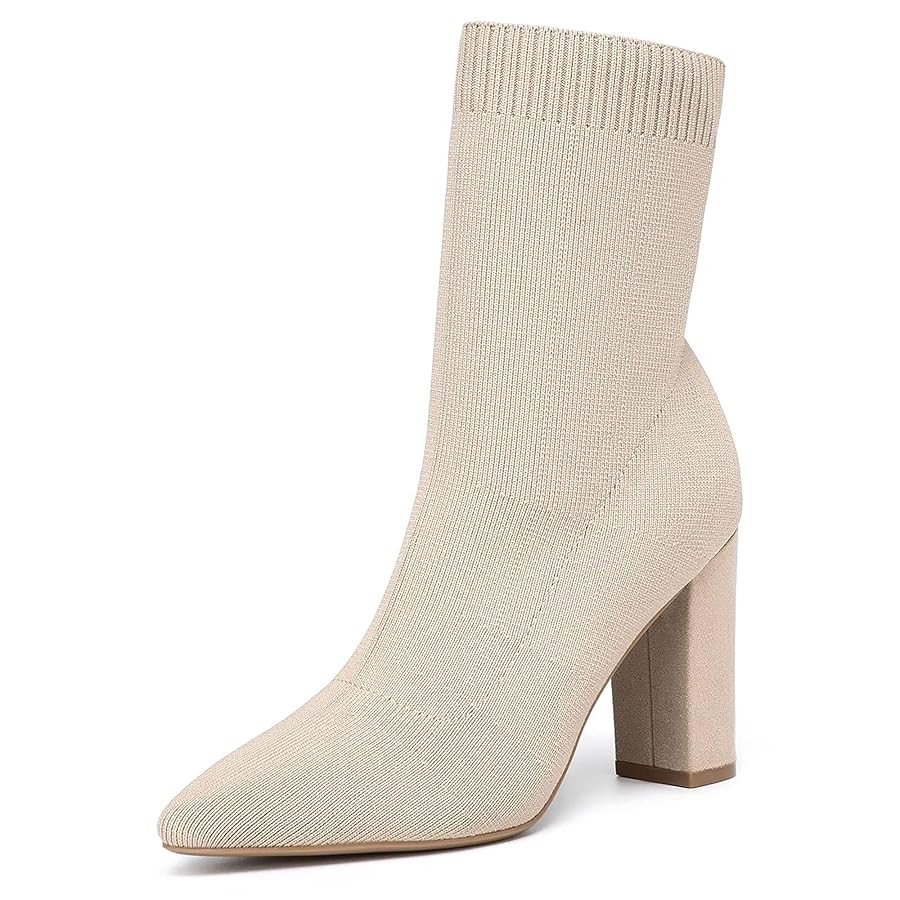 NEWBELLA Women's Pointed Toe Ankle Boots - Minimalist Chunky Heel Sock Booties, Stretch Knit Slim... | Amazon (US)