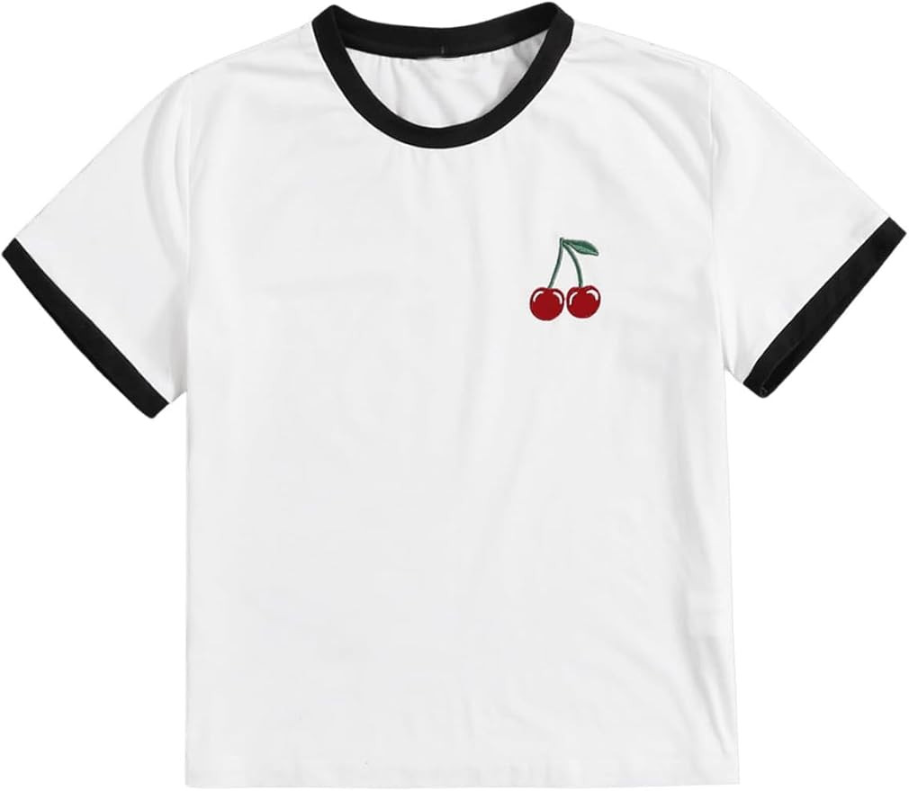 Women's Cherry Embroidery Print Shirt Contrast Color Neck Tee Short Sleeve Graphic Casual T Shirt... | Amazon (US)