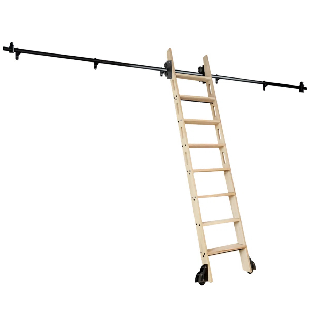 Natural Knotty Pine Wood Sliding Library Step Ladder With Rolling Ladder Hardware | Wayfair North America