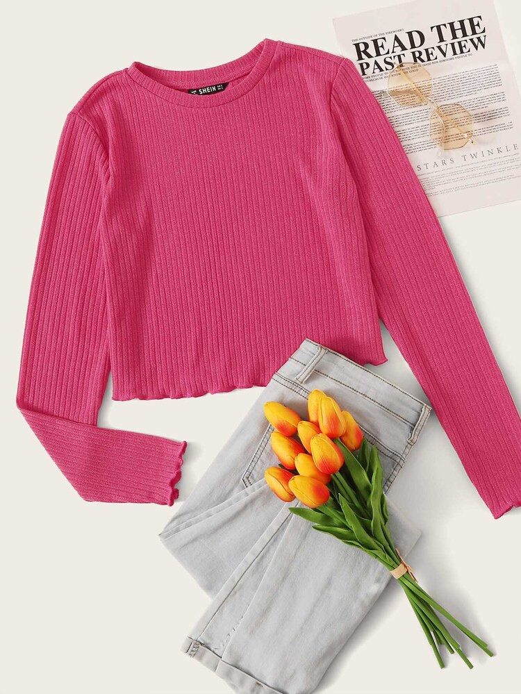 Lettuce Edge Rib-knit Crop Tee | SHEIN