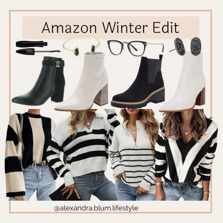 Amazon winter fashion finds! Cute black and white striped sweaters! Black booties and white booties! Black jewelry, glasses, and mascara! Winter outfits! Casual everyday outfit ideas! Sweater tops! 

#LTKunder100 #LTKSeasonal #LTKshoecrush