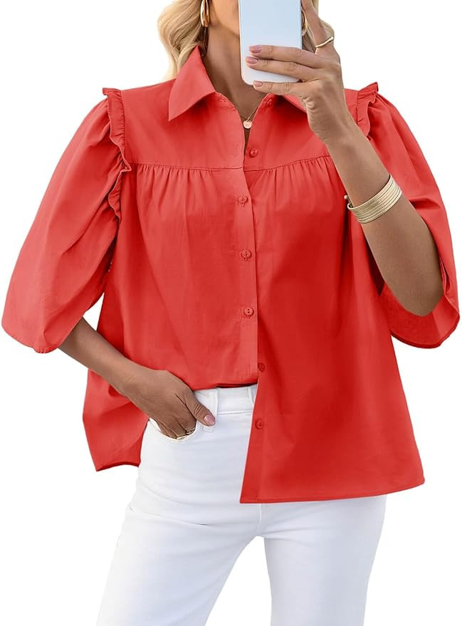 Cicy Bell Womens Summer Button Down Shirts Short Ruffle Puff Sleeve Cotton Blouses Dressy Casual ... | Amazon (US)