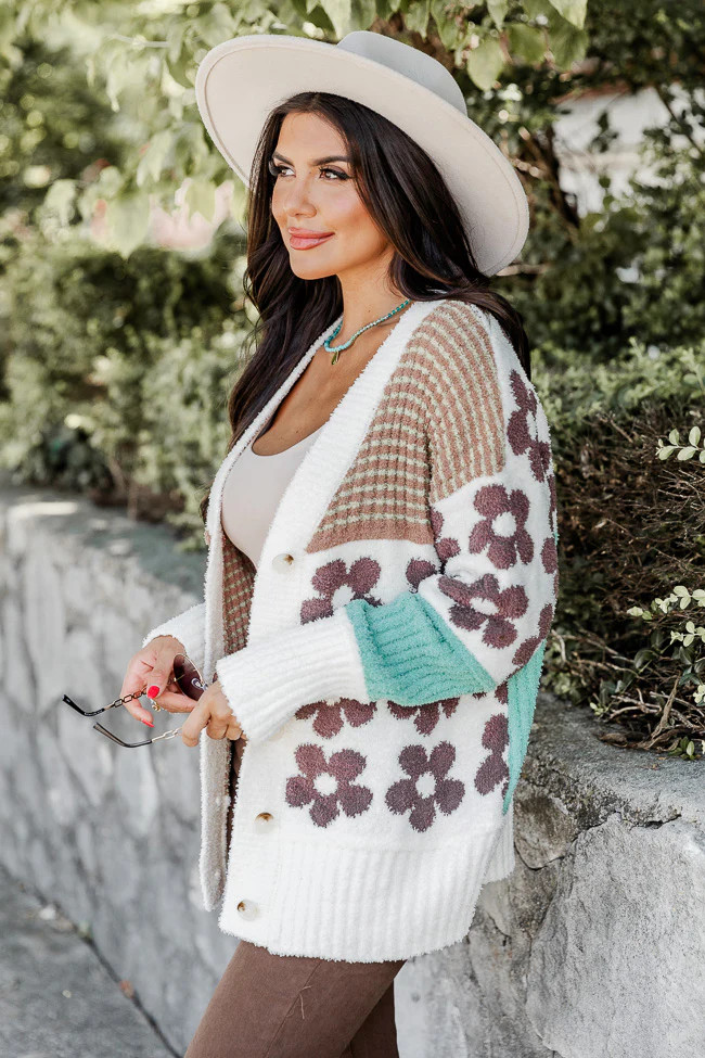 All Up To You Brown And Green Fuzzy Colorblock Cardigan | Pink Lily