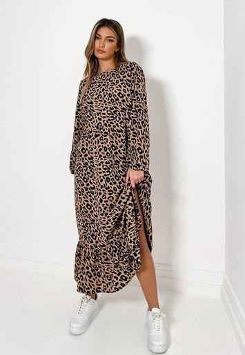 Brown Leopard Print Ruffle Hem Midi Smock Dress | Missguided (UK & IE)