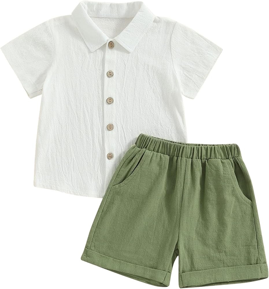 Toddler Baby Boy Summer Outfit Cotton Linen Short Sleeve Button Down Shirt Elastic Waist Shorts 2... | Amazon (US)