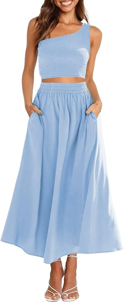 ANRABESS Women's 2 Pieces Outfits One Shoulder Smocked Crop Top & High Waist Long Skirt Dress Set... | Amazon (US)