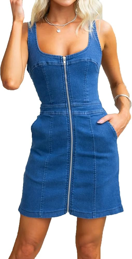 cffvdiz Women's Sexy Tank Top Denim Dresses Summer Sleeveless Slim Front Zipper Denim Jean Dress ... | Amazon (US)