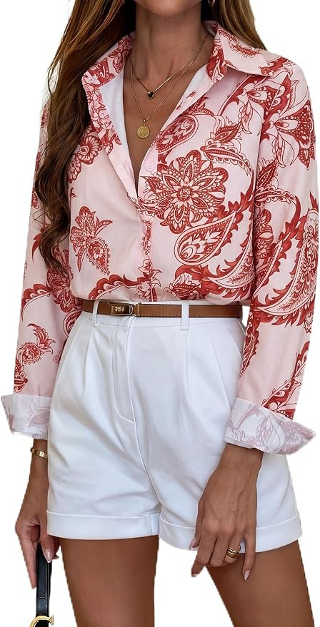 Sarin Mathews Button Down Shirts for Women Dressy Casual Long Sleeve Blouses Printed Collared Bus... | Amazon (US)