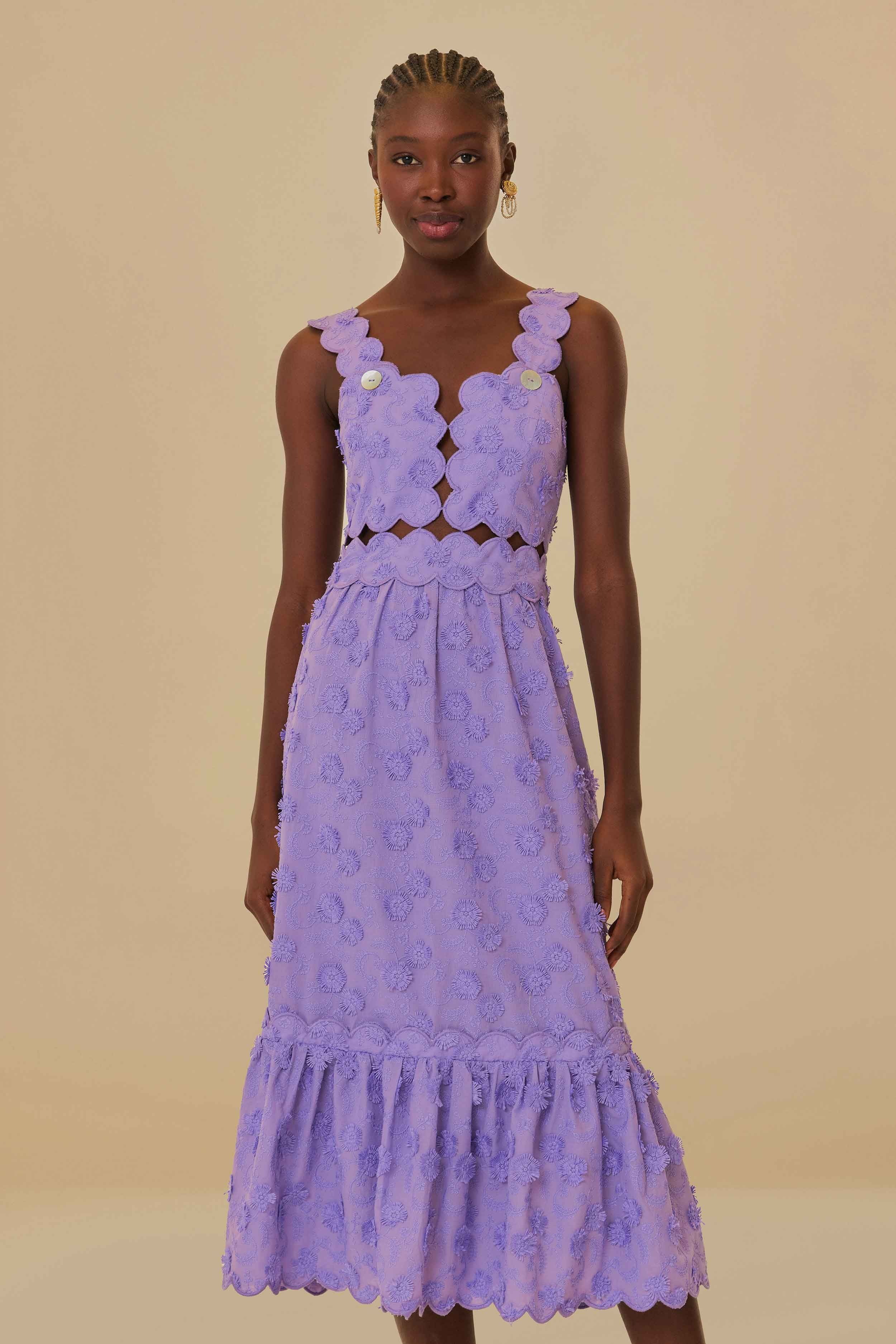 Lilac 3D Flower Sleeveless Midi Dress | FarmRio