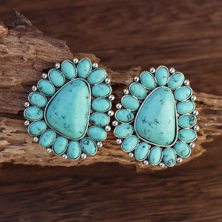 1pair Women's Triangle Earrings In Bohemian Zinc Alloy Inlaid With Turquoise Are Perfect For Ever... | SHEIN
