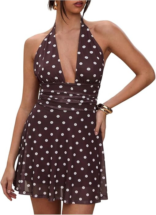 Milumia Women's Polka Dots Halter Mini Dress Sexy Deep V Neck Short Dresses | Amazon (US)