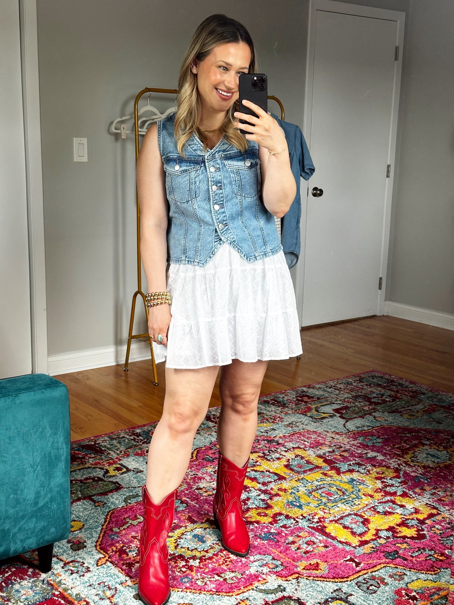 Country concert outfit idea / white skirt, denim top, red boots #countryconcert #summeroutfit 

#LTKShoeCrush #LTKFindsUnder50 #LTKStyleTip