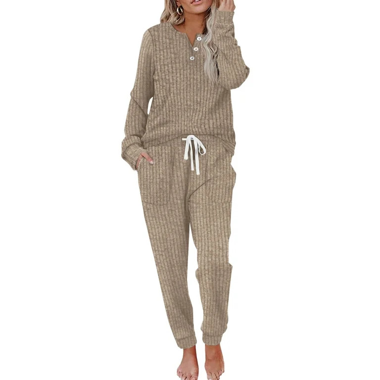 MOSHU Two Piece Womens Pajama Sets Button Down Shirts and Drawstring Pants with Pockets Solid Lou... | Walmart (US)