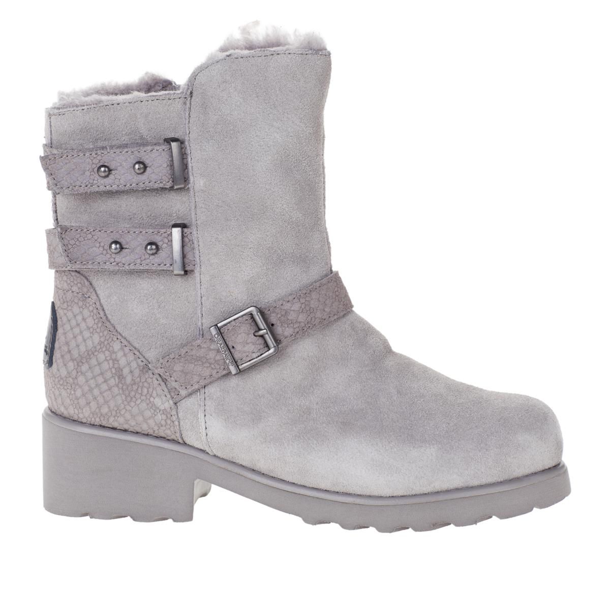 BEARPAW® Lucy Suede Sheepskin Moto Boot with NeverWet™ | HSN