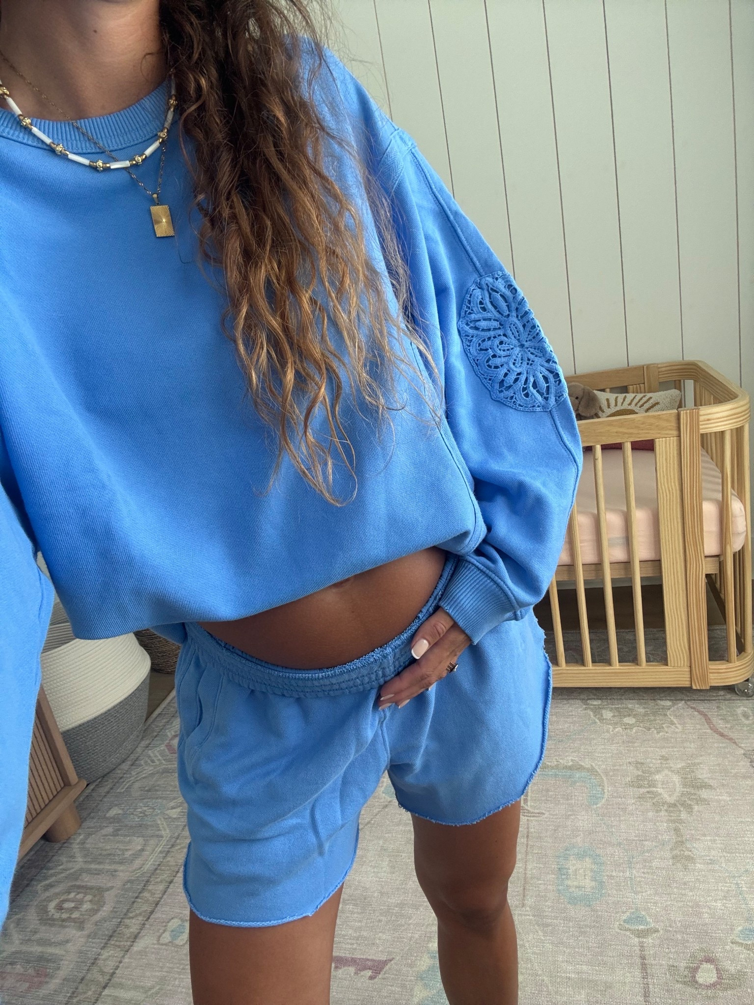 cozy lounge set as a mom to be🫶🏼 wearing size S crewneck and  S shorts in the third trimester! 

mom to be, first time mom, bumpfit, bump friendly outfit, bump fashion, pregnancy style, maternity style, summer outfit, vacation outfit, spring style trends, travel outfit, comfy style, sweat shorts, aerie sale