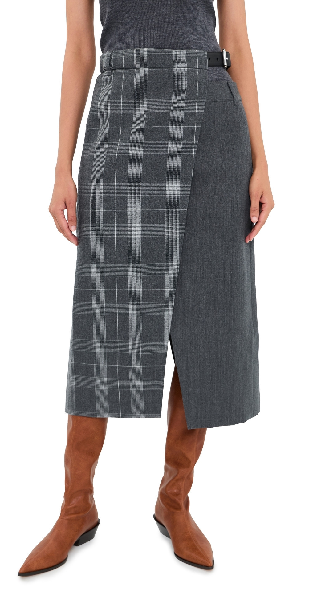 Tibi Papery Wool Plaid Double Apron Skirt Grey Multi 8 | Shopbop
