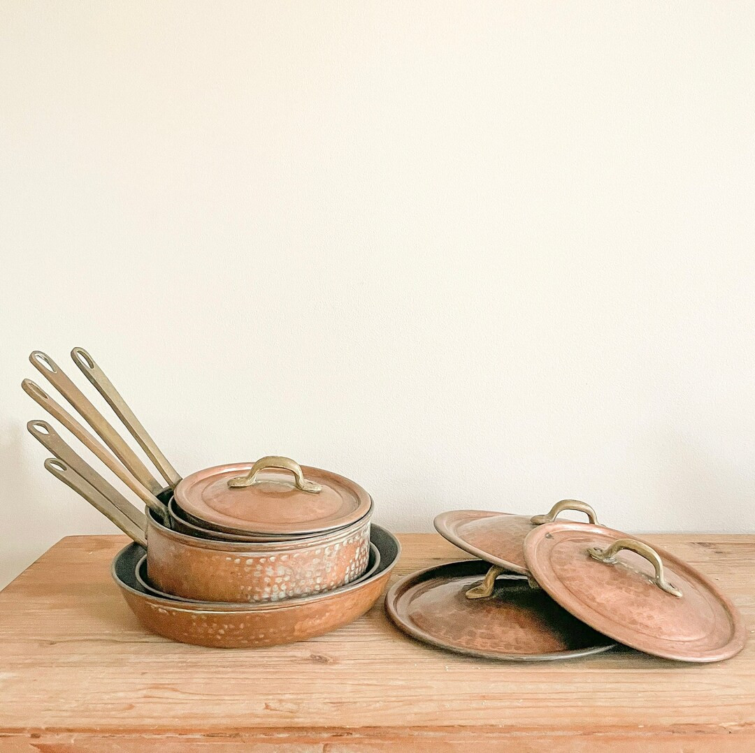 Hammered copper pots and pans with solid brass handles. | Etsy (US)
