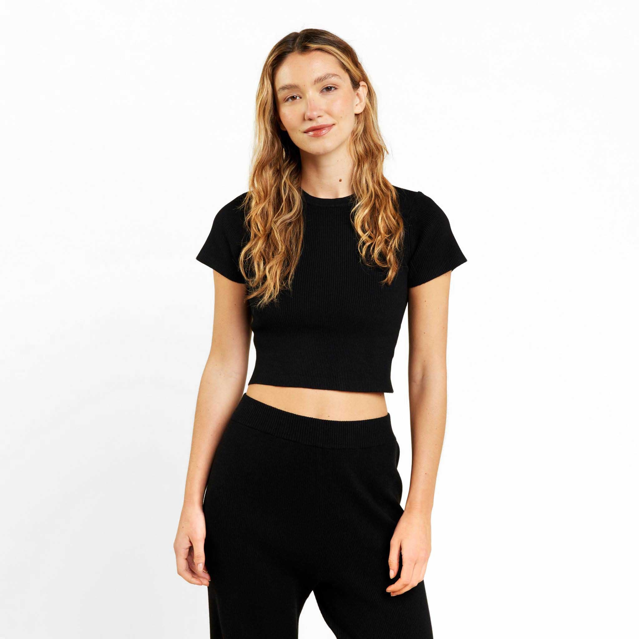 Ribbed Sweater Baby Tee | Black | Nuuds US