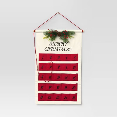 21.5" 'Merry Christmas' Fabric Hanging Advent Calendar with Faux Greenery and Star Counter Cream/Red - Wondershop™ | Target