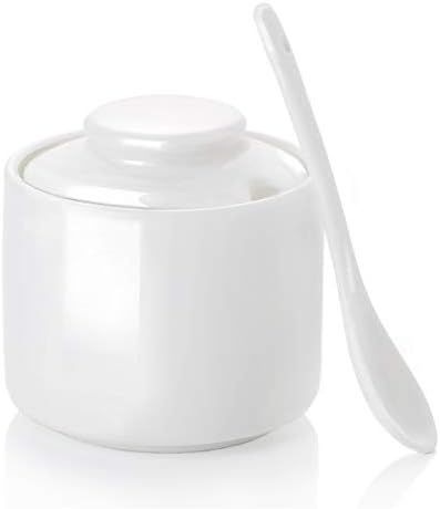 ONTUBE Ceramic Sugar Bowl with Lid and Spoon,Porcelain Seasoning Box Salt Bowl,8oz White | Amazon (US)
