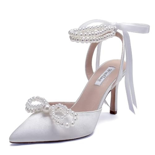 Pearl Wedding Shoes for Bride High Heel Bridal Shoes Closed Toe Wedding Heels-White-9 | Amazon (US)