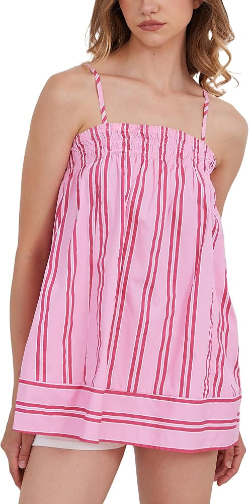 MISSACTIVER Women Sleeveless Striped Tunic Tank Top Summer Color Block Smocked Spaghetti Strap Ca... | Amazon (US)