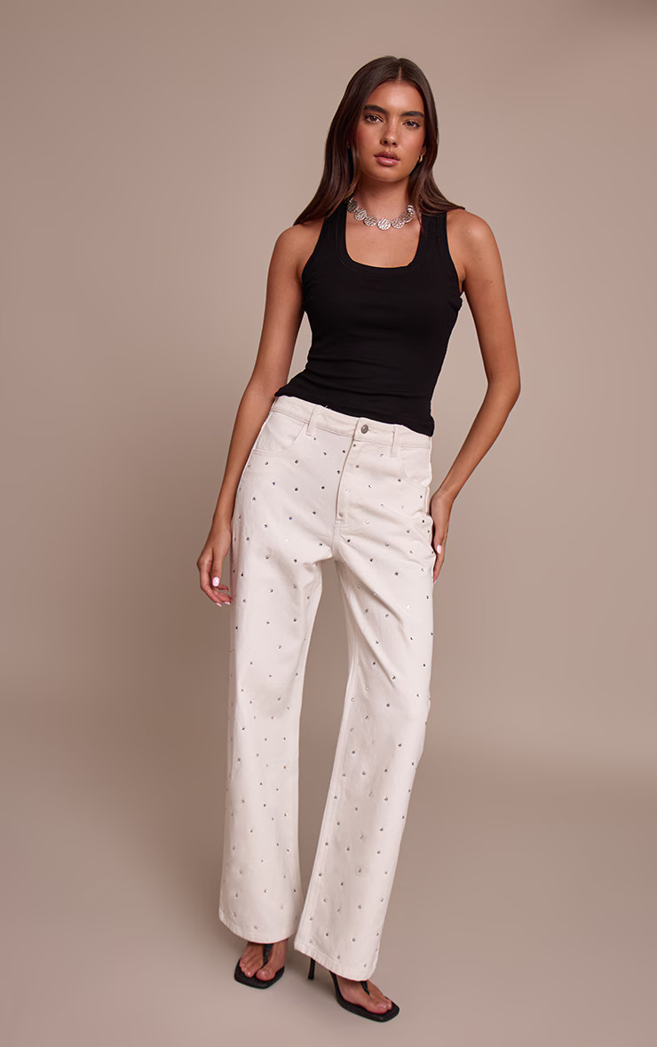 White High Waist Hotfix Straight Leg Denim Jeans | PrettyLittleThing UK